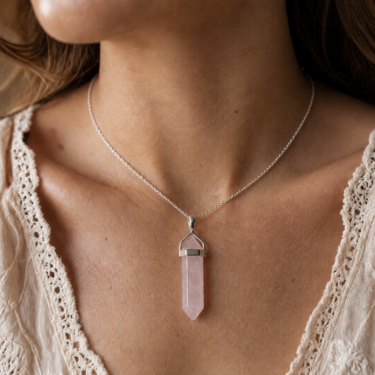Collar Doble Punta de Cuarzo Rosa