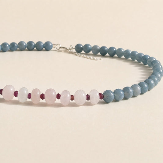 Choker Jade Azul, Cuarzo Rosa y Granate