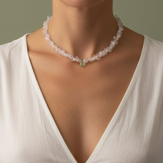 Collar Choker de Piedra Natural Cuarzo Cristal y Prehnita