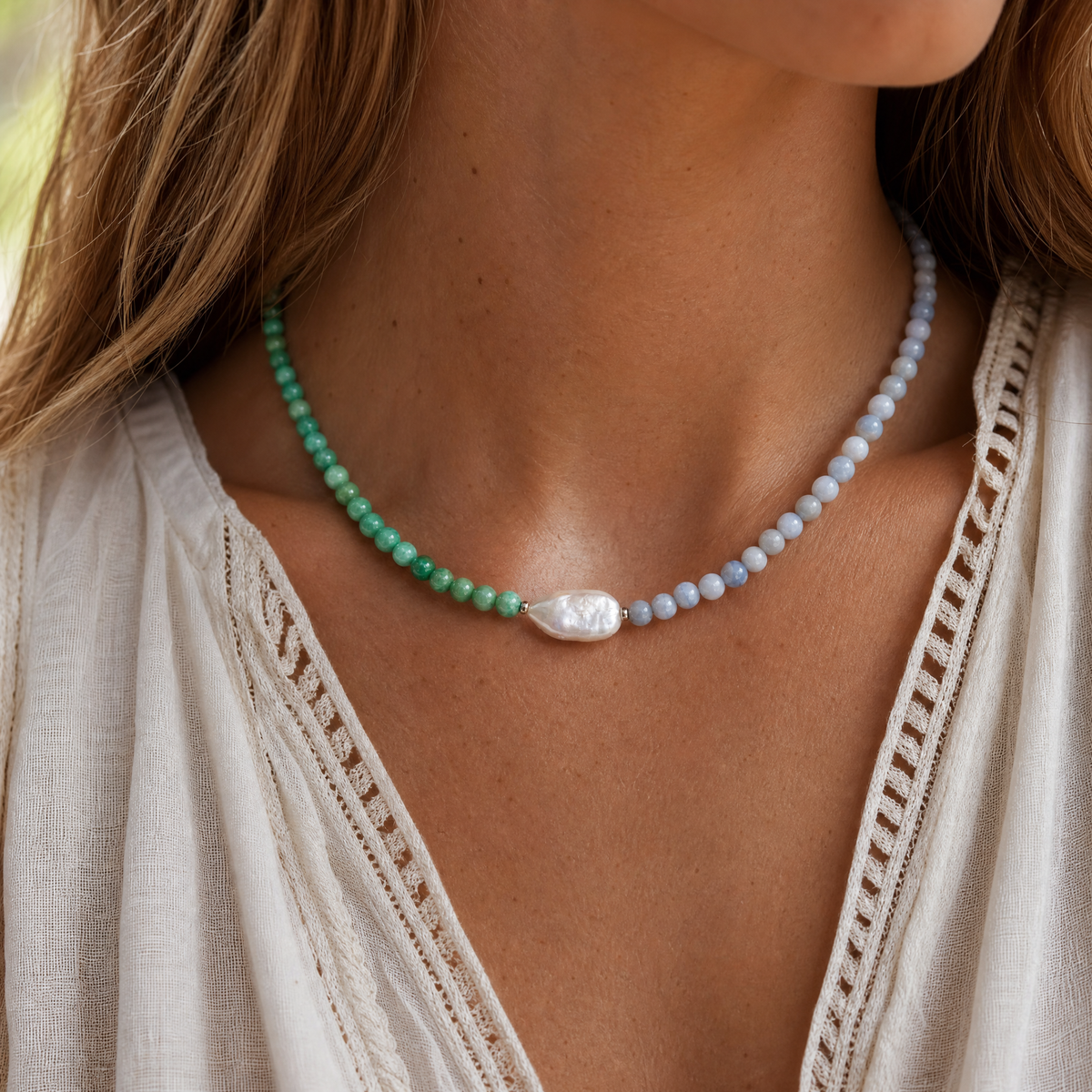 Choker Amazonita Perla y Agata Blue Lace