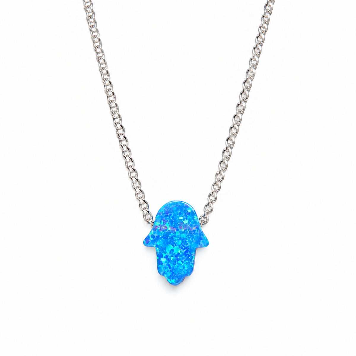 Collar Mano Hamsa de Ópalo Azul Claro en Plata 925