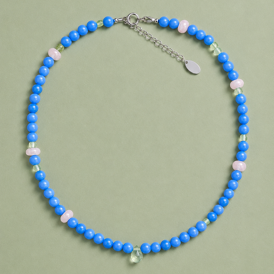 Choker de Aragonita Azul con Acentos de Cuarzo Rosa y Prehnita