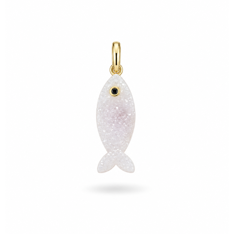 Dije Pez de Ágata Druzy Blanca con Turmalina Negra