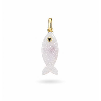 Dije Pez de Ágata Druzy Blanca con Turmalina Negra