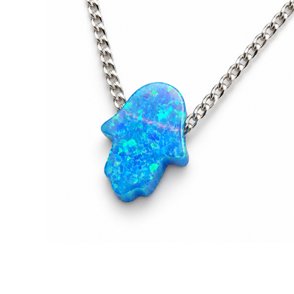 Collar Mano Hamsa de Ópalo Azul Claro en Plata 925