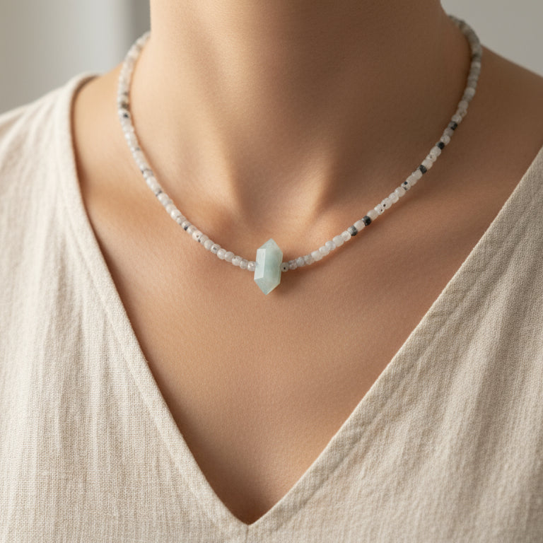 Choker Piedraluna Inclusionada y Aguamarina