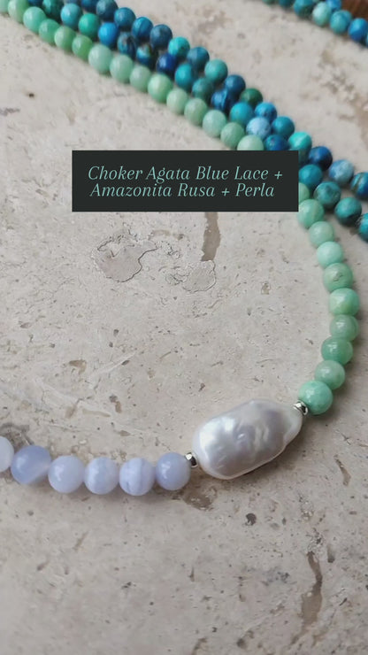 Choker Amazonita Perla y Agata Blue Lace