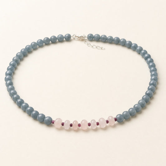 Choker Jade Azul, Cuarzo Rosa y Granate